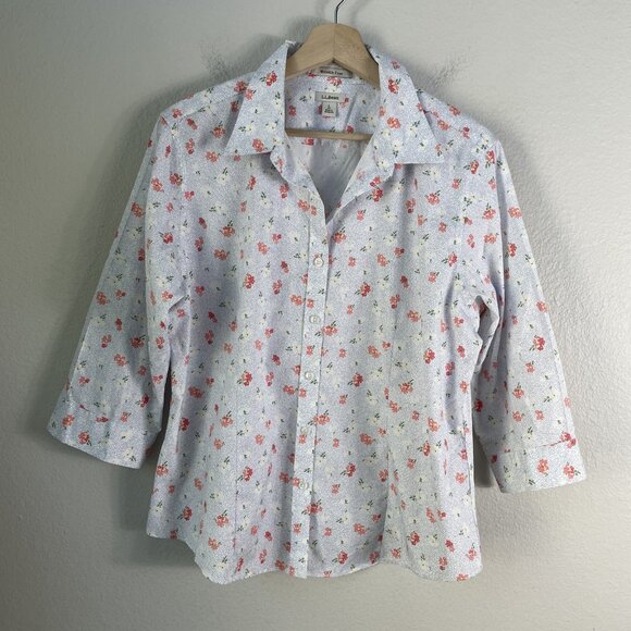 LL Bean Shirt Womens Large Petite Blue Floral Wrinkle Free Button Up 3/4 Sleeve - Picture 6 of 9